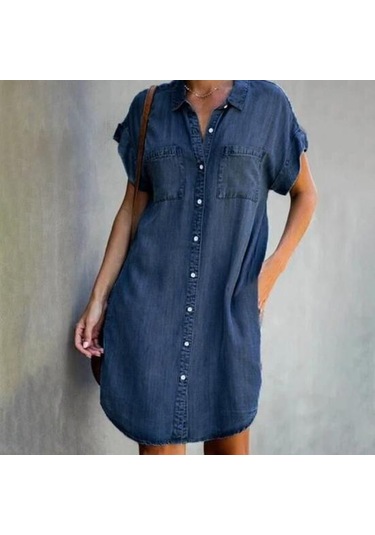 Gündelik Elbise Trendy Sokak Stili Ten-dokunmatik Popüler Sahte Denim Mini Elbise Bayan Konfeksiyon Koyu Mavi