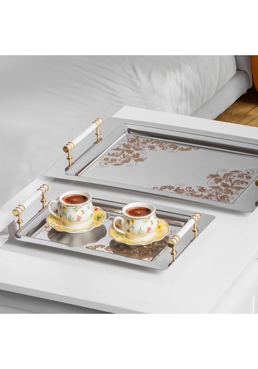 Porsima Yüzük 2li Paslanmaz Çelik Gümüş Kahve Sunum Tepsisi