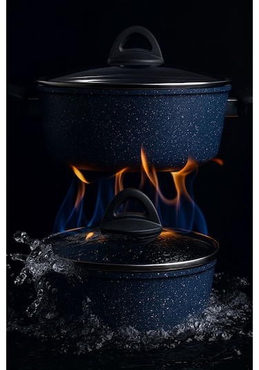 7 Parça Almeria Gri Granit Dik Tencere Ve Tava Seti 20 Cm 2.5l, 24 Cm 4.5l, 26 Cm 3l, 26 Cm Tava Lacivert