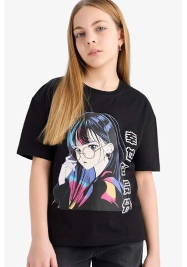 DeFacto Kız Çocuk Relax Fit Bisiklet Yaka Baskılı Kısa Kollu Tişört E0389A825SMBK81