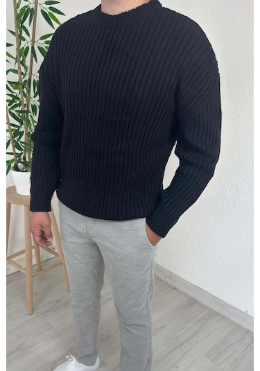 Explode - Erkek Siyah Bisiklet Yaka Oversize Triko Kazak Siyah