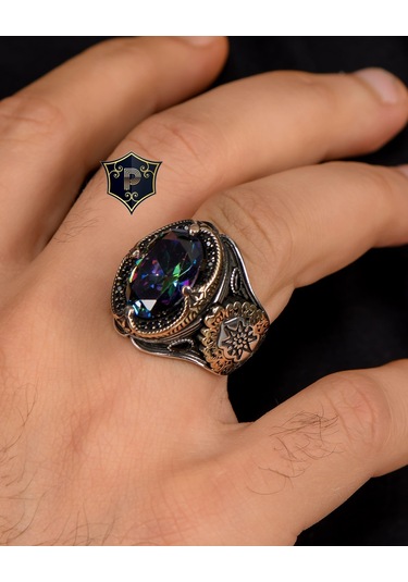 Prestij Gümüş 925 Ayar Gümüş Mistik Topaz Taşlı Zirkon Taş Süslemeli Erkek Yüzüğü