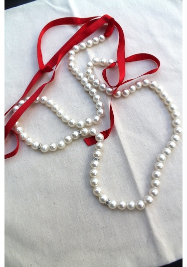 Kırmızı Kurdeleli Krem İncili Söz & Nişan Kurdelesi