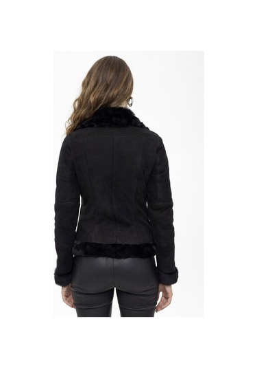 Violet Siyah Fermuarlı Biker Kadın Hakiki Kürk Mont-siyah Siyah