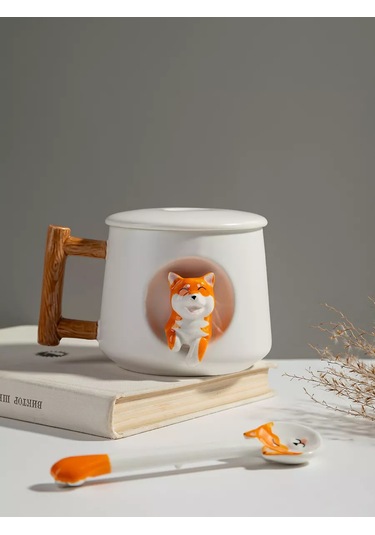 Teplo V Rukah Kapaklı Ve Kaşıklı Shiba Inu Fincanı 219546017 Beyaz