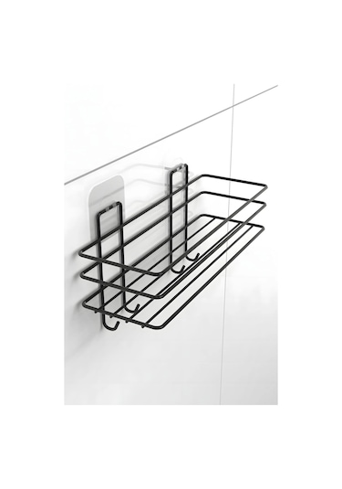 Siyah Yapışkanlı 3'lü Banyo Ve Mutfak Rafı 2 Adet Raf Ve Kancalı Raf Banyo Ve Mutfak Düzenleyici Siyah