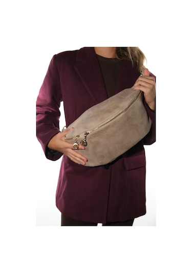 Venta Bej Süet Kadın Büyük Bel Çantası Bej