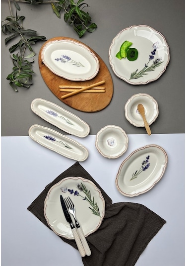 Tabak Evi Porselen Fulya Lavanta Kahvaltı Takımı 6 Kişilik 14 Par Çok Renkli