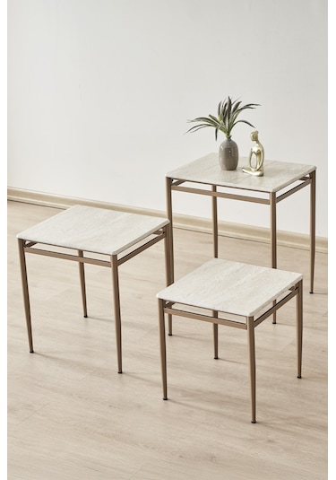 Damrin Serisi Traverten Desen 1. Sınıf Mebran Mdf 3 Lü Zigon Sehpa Takımı Traverten Desen - Bronz Ayak