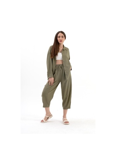 Krinkıl Kumaş Keten İkili Takım - Haki-haki Haki