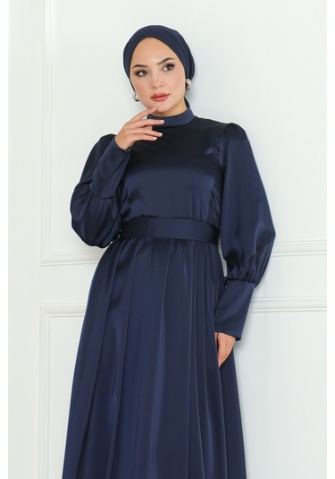 Kuşaklı Saten Abiye 1136 - Lacivert