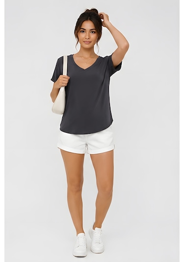 Lili Woman Kadın Relax Fit V Yaka Basic T-shirt K.4780 Antrasit