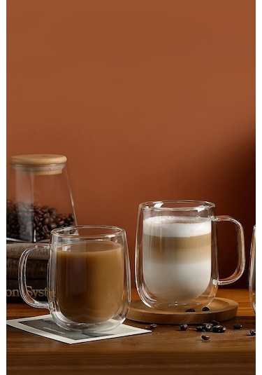 2 Adet Kulplu Çift Cidarlı Cam Çay Ve Kahve Kupası 250 Ml