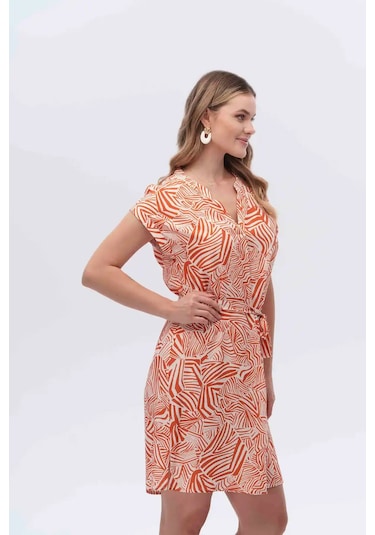 Canel Kısa Kol V Yaka Midi Elbise - Minimalist Desen - Günlük Kullanım Zebra