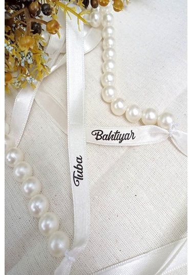 Kişiye Özel Yazılı Beyaz Kurdeleli Krem İncili Söz & Nişan Kurdel