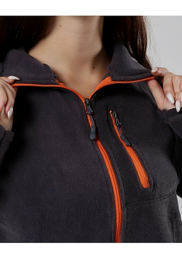 Genıus Store Store Kadın Polar Tam Fermuarlı Outdoor 3 Cepli Spor Polar Ceket Füme