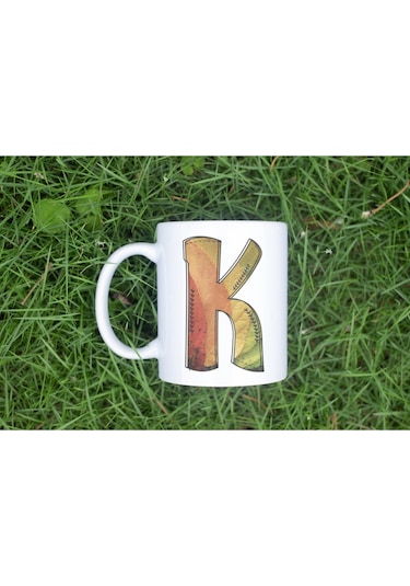 K Harf Yaprak Renkleri İle Kupa Bardak - Kişiye Özel Alfabe Harfli Bardak - Hediye Beyaz