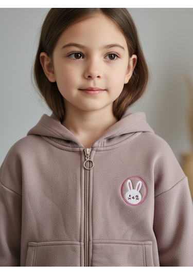 Minik Tavşan Nakışlı Fermuarlı Kapüşonlu Kız Çocuk Polar Hırka Kahverengi