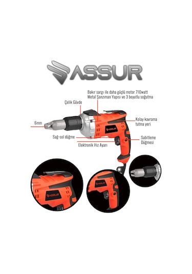 Assur ASR211 710W 90Nm Alçıpan Vidalama Kırmızı