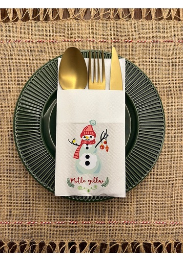 Yılbaşı Zarif Kardan Adam Mutlu Yıllar Baskılı Kanguru Cepli Peçete Beyaz12 Adet