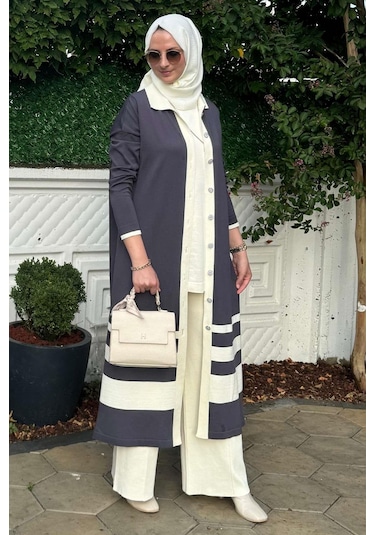 İmge Çizgili Triko Hırka Antrasit Çok Renkli