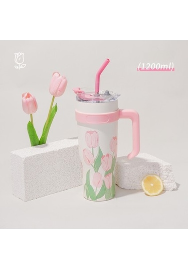 Beautifyy Lale Kahve Kupa Buz Fincanı 1200ml Paslanmaz Çelik Soğuk Su Bardak Termal Yalıtım Pembe Pembe