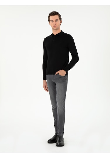 Cacharel Siyah Slim Fit Yün Karışımlı Polo Yaka Basic Triko Kazak