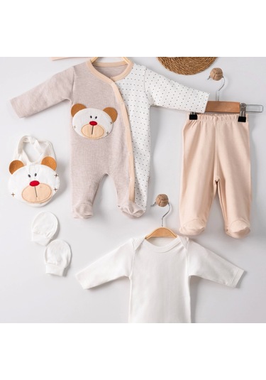 3 Ay Ayıcık Nakışlı Tulumlu Erkek Bebek 5'li Set Kahverengi Kahverengi