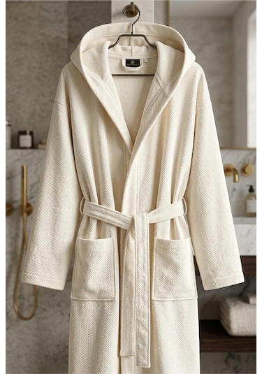 Soft Comfort Lacost Örgü Unisex Kapüşonlu Bornoz Ekru