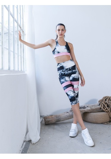 Duman Desenli Toparlayıcı Spor Kapri Tayt Beyaz - Siyah