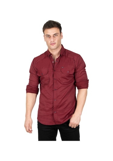 Deepsea Erkek Bordo Fitilli Çıtçıtlı Kot Gömlek 300421 Bordo