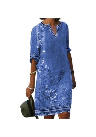 Mavi Şık Parti Elbise V Yaka Dekoratif Narin El Sanatları Vintage Yaz Evaze Elbise Kadın Kostüm Kadın İçin