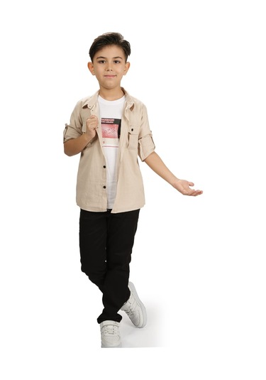 Gömlek , Pantolon , T-shirt 3parça Erkek Çocuk Takım Mnk1754 Bej