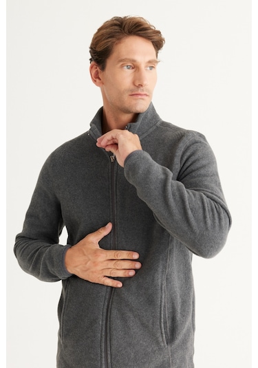 AC&Co / Altınyıldız Classics Standart Fit Fermuarlı Bato Yaka Polar Erkek Ceket Antrasit