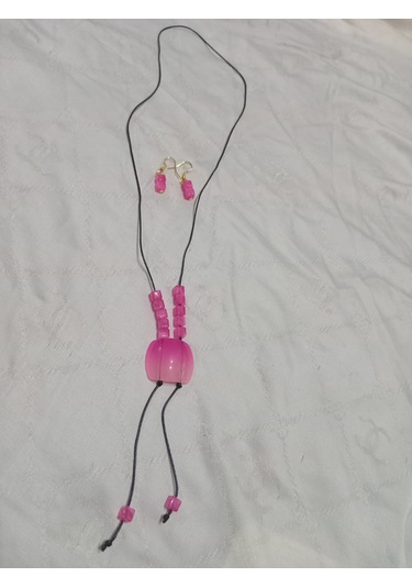 Deri İpe Yapılmış Pembe Uçlu Modern Y Kolye Ve Küpe Takımı Pembe