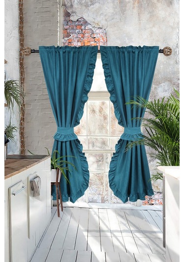 Poli Perde Çift Kanat Dikey Fırfırlı Petrol Yeşili