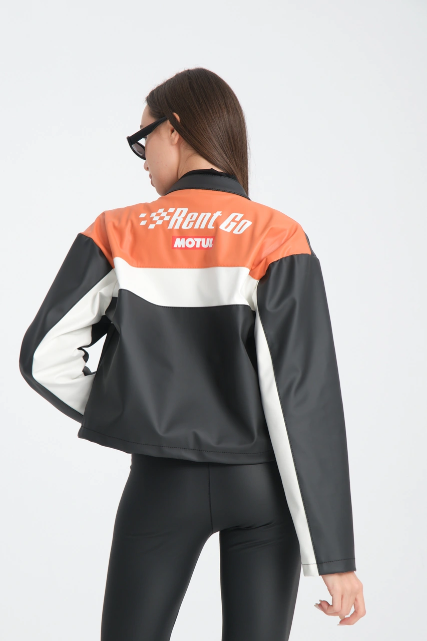 Kadın Oversize Baskılı Deri Şeritli Motorcu Montu Garnili Fermuarlı Yarışçı Ceketi Bomber Kolej Mont Oranj