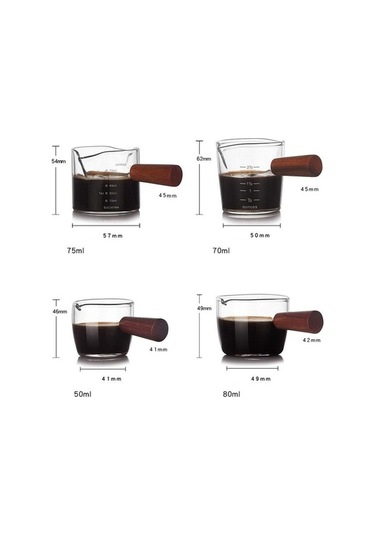 Pazly Isıya Dayanıklı Cam Ölçüm Kabı Süt Fincanı Ölçekli Mutfak Jigger Espresso Kahve İçin Çift Ağızlı Ons Fincan Ahşap Saplı 70ml Şeffaf