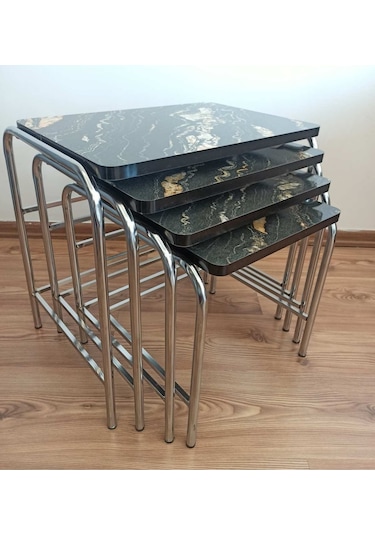 Angelo Black Marble Design 4'lü Zigon Sehpa Metal Krom Nikel Ayaklı E1 Guaranteed Mermer
