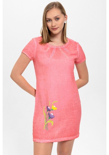 Pembe Çiçek İşlemeli Kısa Kollu Yazlık Astarsız Pamuklu Elbise Pembe
