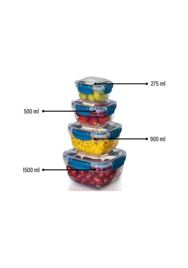 4'lü Set Master Kare Saklama Kabı 275 Ml - 500 Ml - 900 Ml - 1500 Ml 001
