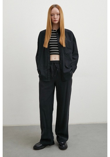 Keten Karışımlı Oversize Gömlek Siyah Siyah