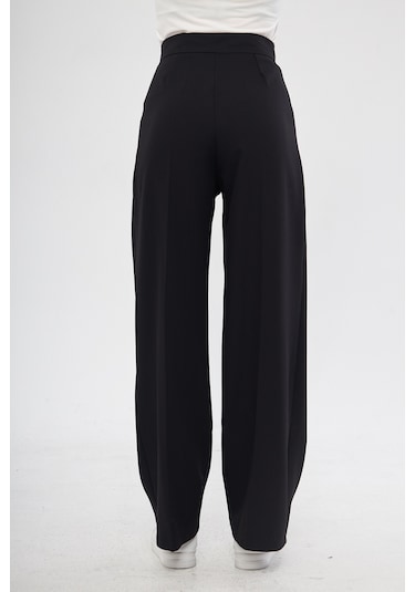 Siyah Yüksek Bel Pileli Kadın Kumaş Palazzo Pantolon Siyah