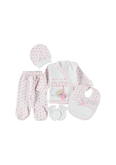 0-3 Aylık 5 Li Ayıcık Zıbın Seti Hastane Çıkış Seti %100 Pamuklu Kutusuz Pembe
