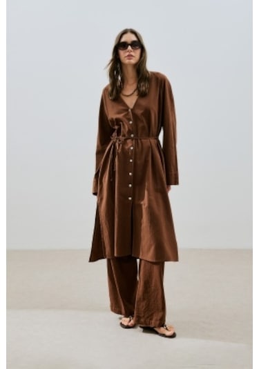 Dokulu Düğmeli Uzun Tunik Kahverengi Kahverengi