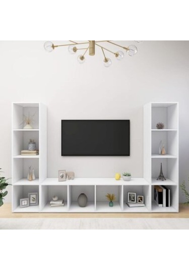Tdesıgno Yigit Kitaplıklı Televizyon Sehpası - Ünitesi -kitaplık-beyaz 180 Cm 12 Raflı Beyaz