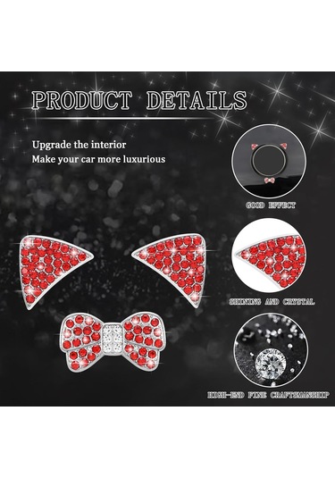 3 Adet Kırmızı Parlak Araba Aksesuarları Dıy Kedi Çıkartmaları Elmas Araba İç Dekorasyonu Kristal Kedi Kulakları Çıkartmaları Parlak Logo F