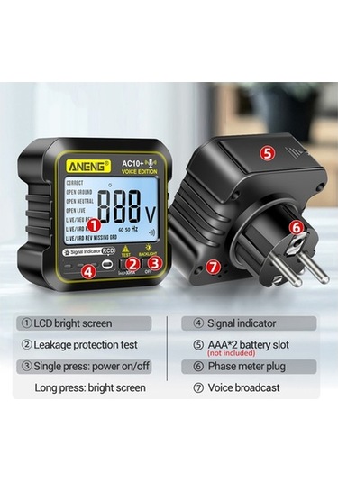 Pazly Aneng 5 Fonksiyonlu Priz Test Cihazı - Kaçak Akım, Faz Kontrol, Abd/ab Uyumlu