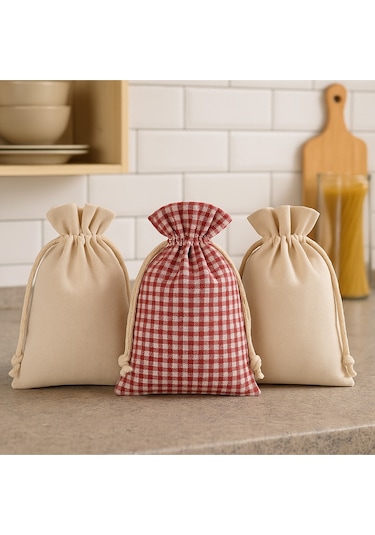 Kuru Gıda Ve Kahve Saklama Kesesi 3 Lü Set Pamuklu Büzgülü Kumaş Kese Bej