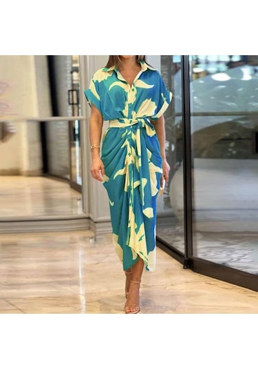 İlkbahar Yaz Kadın Elbise Baskılı Yaka Kısa Kollu Yüksek Bel Uzun Gömlek Elbiseler Mavi
